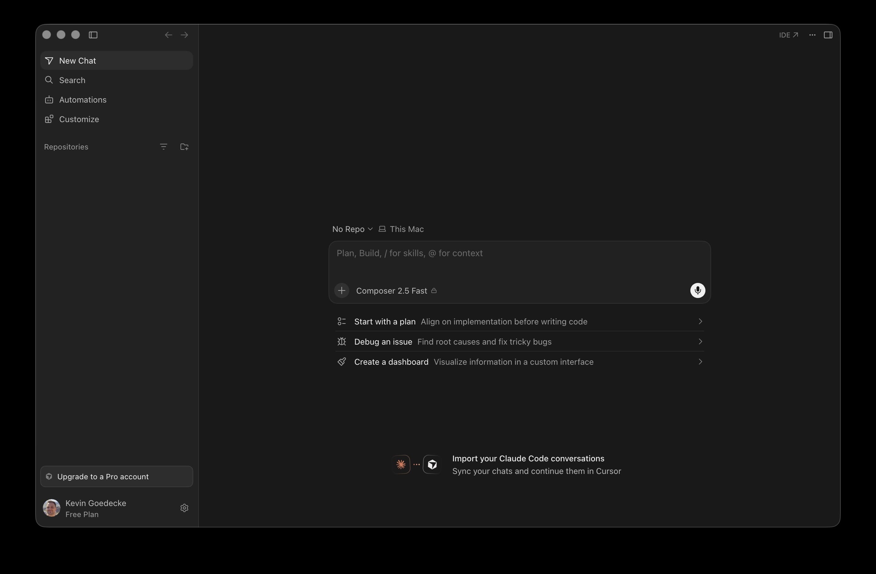 Cursor's home screen with Customize visible in the sidebar