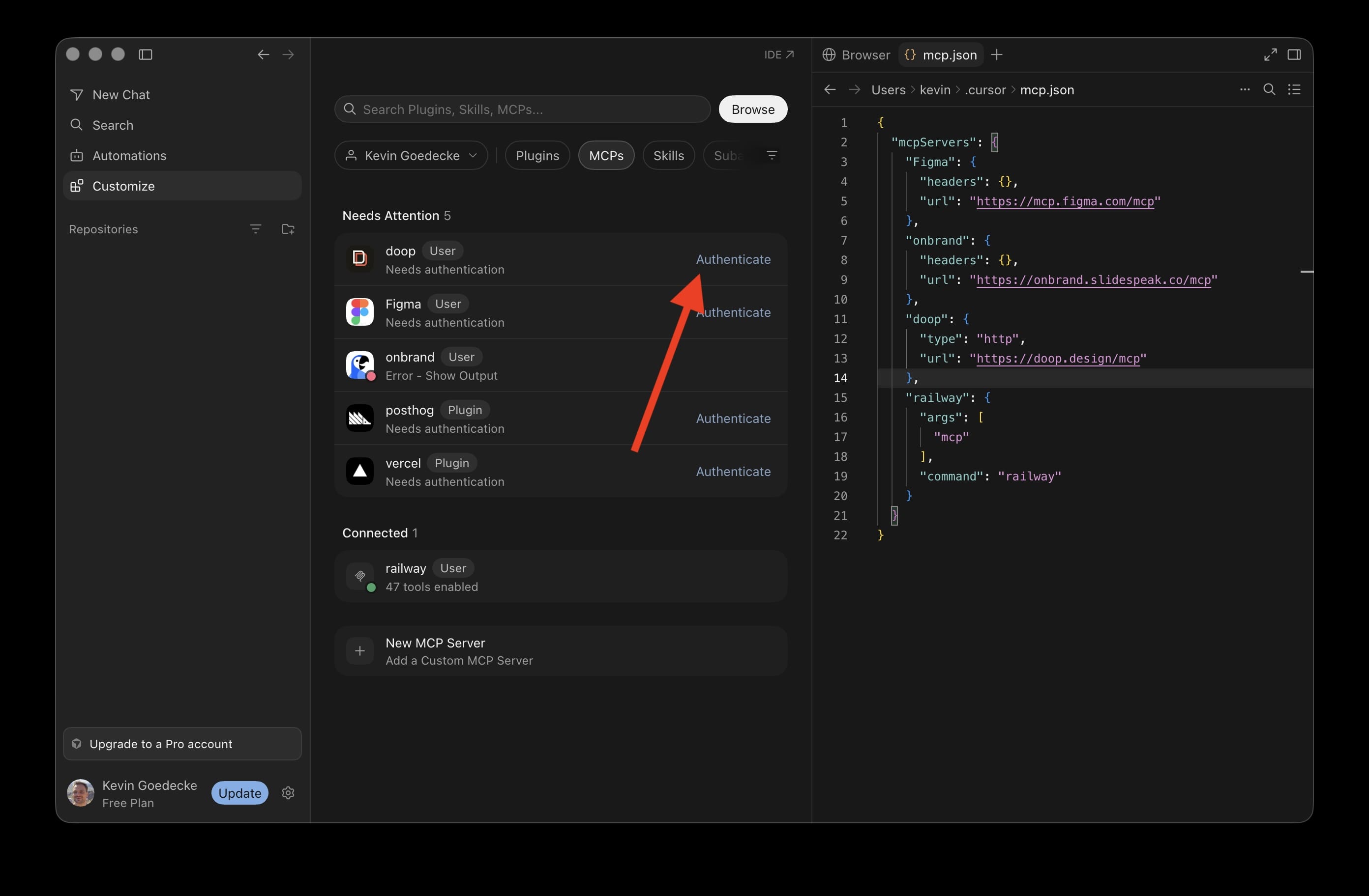 The MCP list in Cursor with an arrow pointing to the Authenticate button next to doop