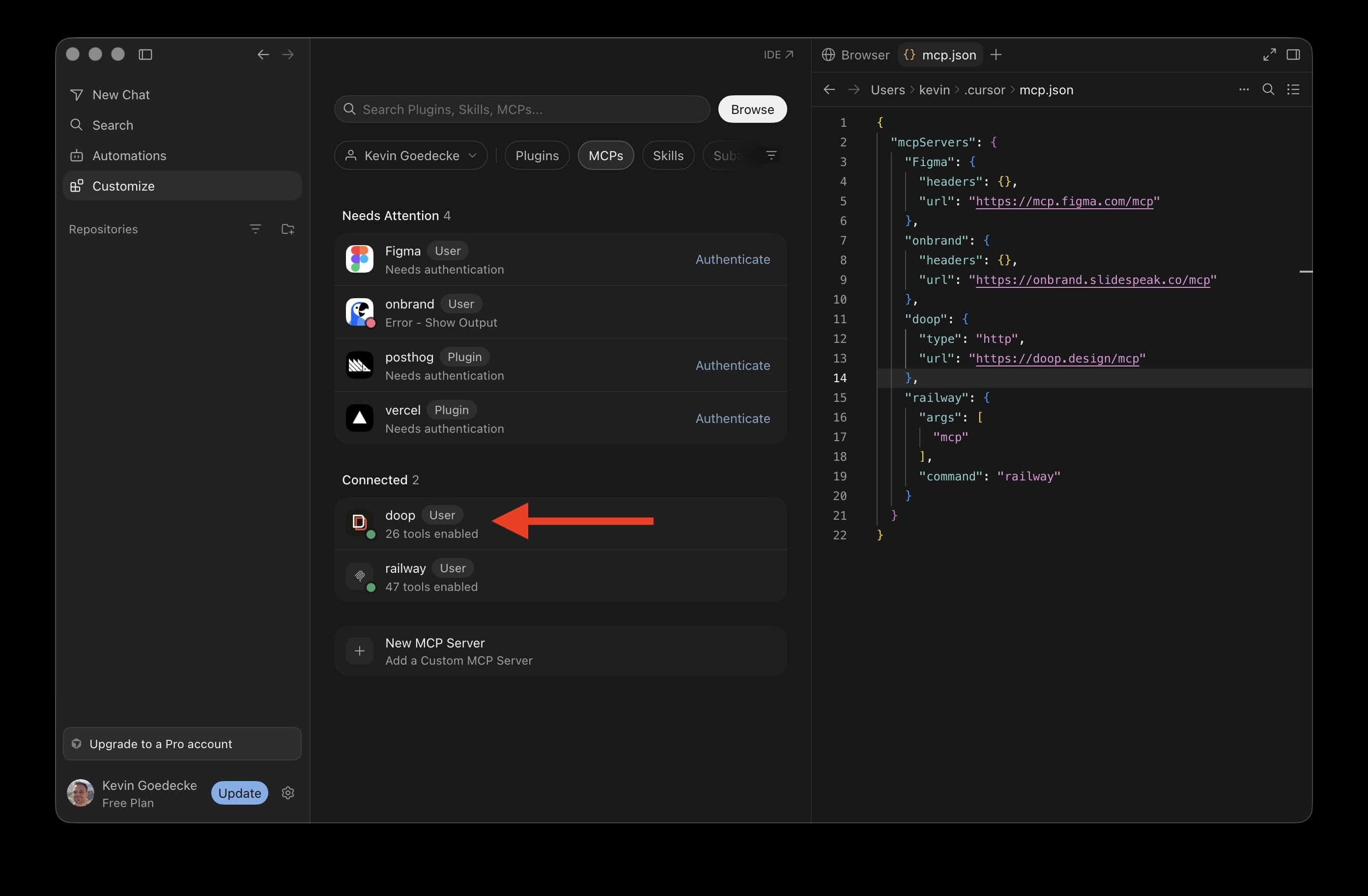 The connected doop server in Cursor showing 26 tools enabled