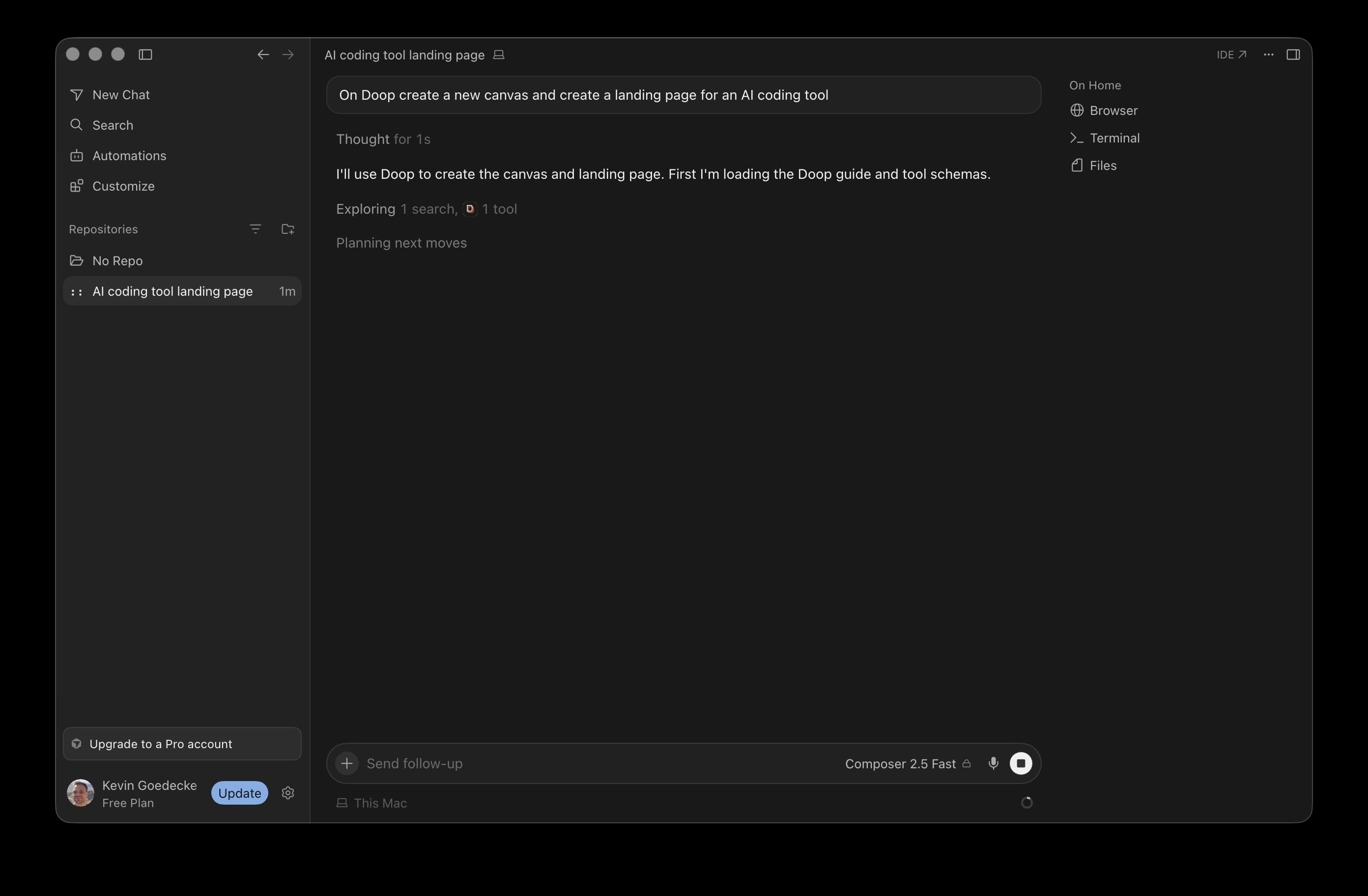 Cursor working on a Doop brief, loading the Doop guide and tool schemas