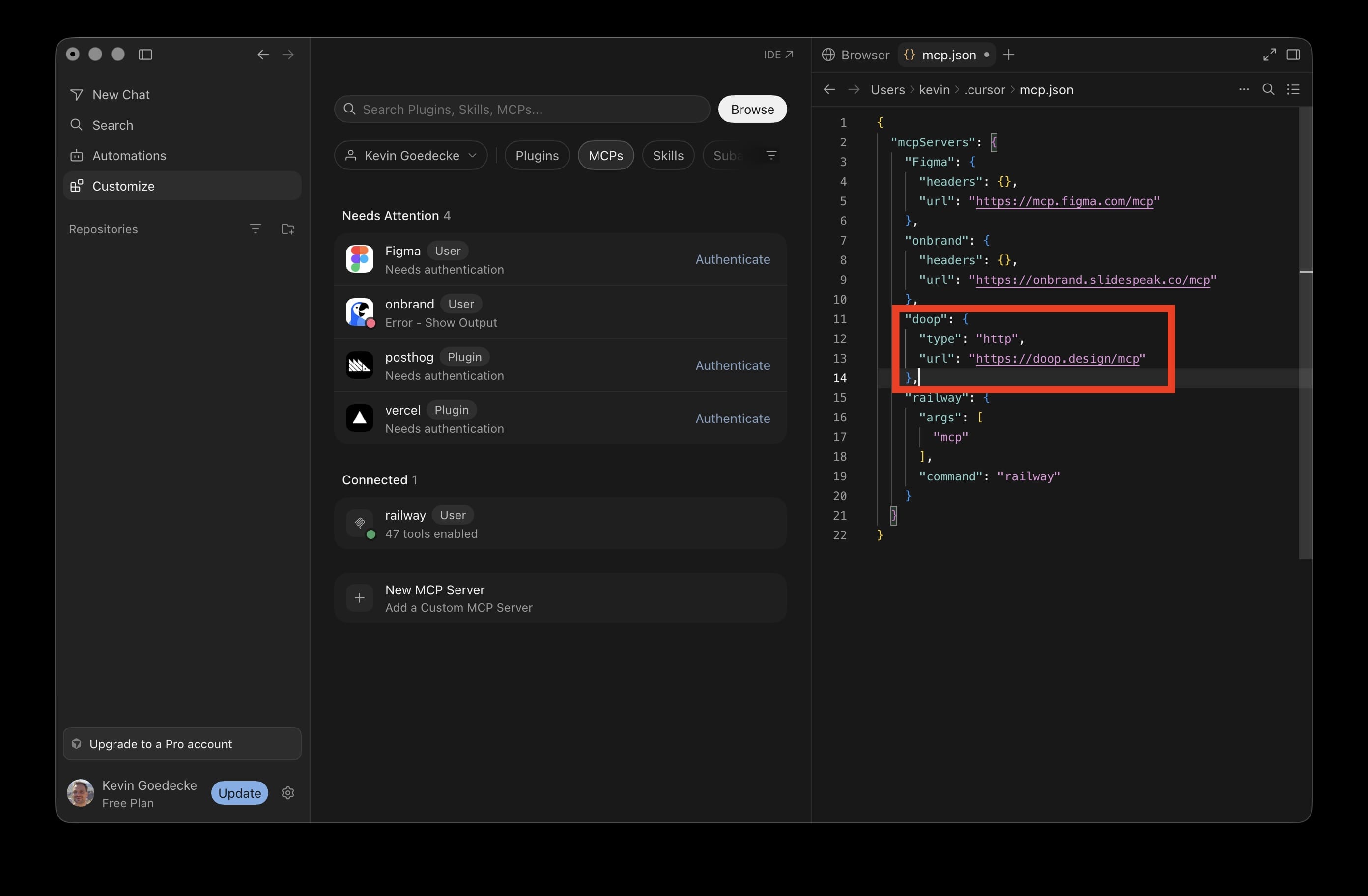 Cursor's mcp.json open in the editor with the doop server entry highlighted