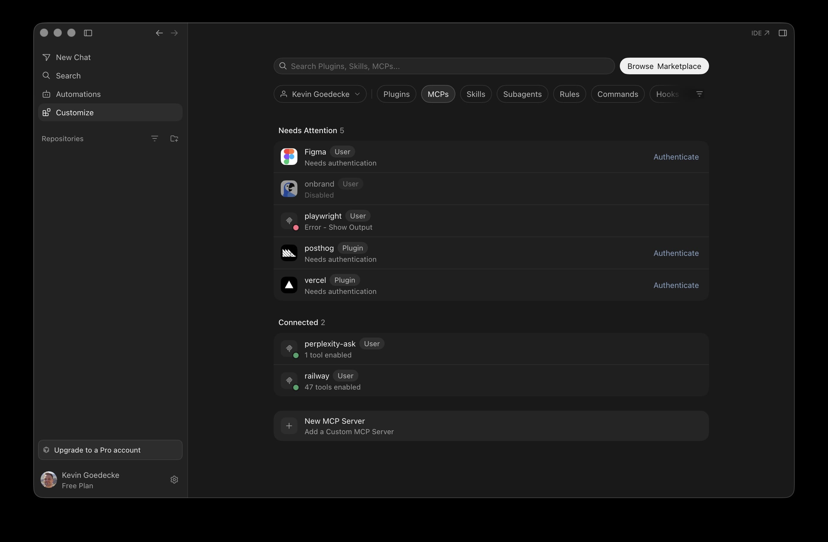 The MCPs tab in Cursor with the New MCP Server button at the bottom
