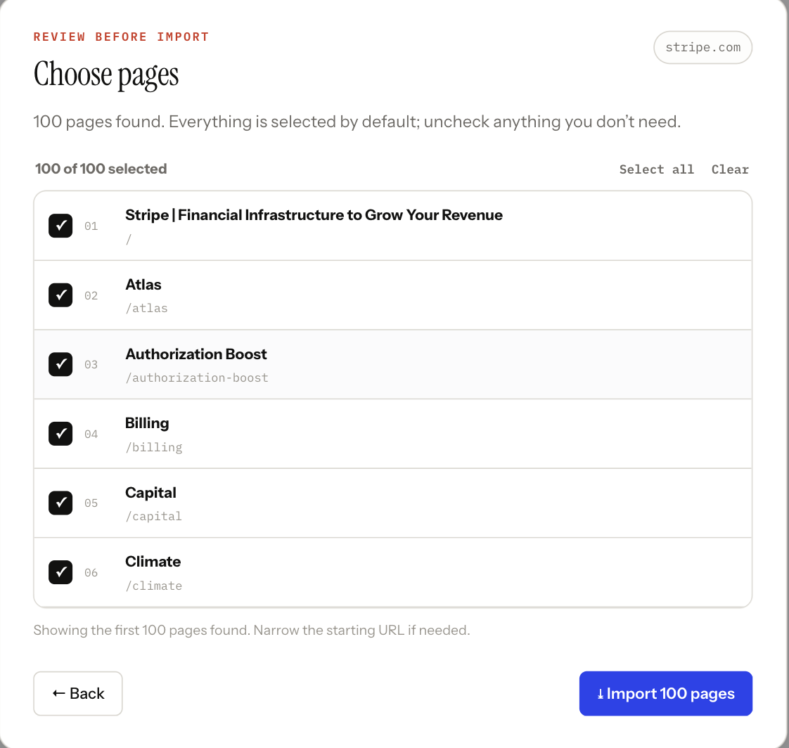 The Choose pages review screen listing 100 discovered pages with checkboxes, all selected