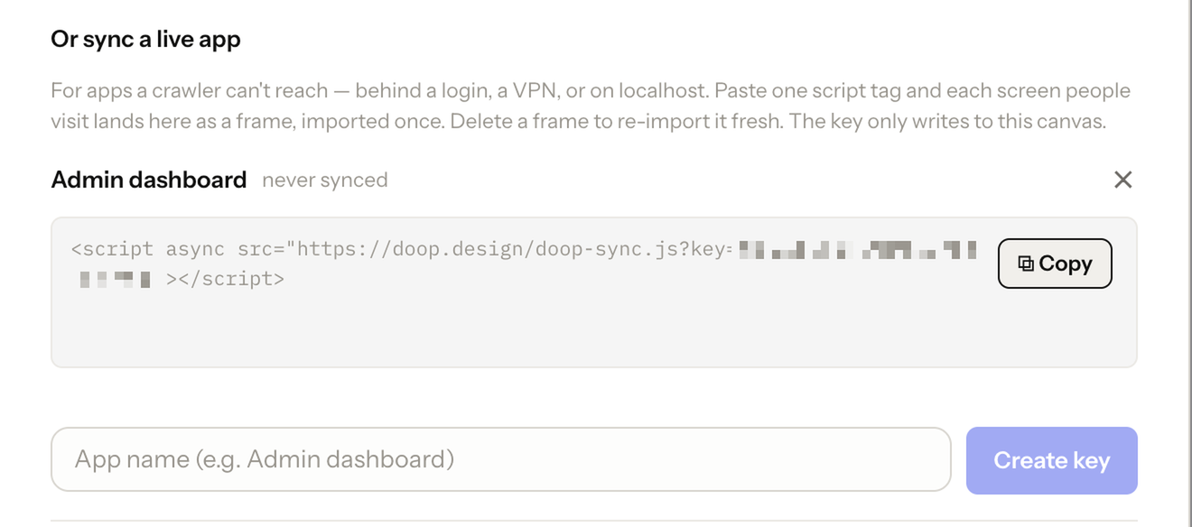 The sync a live app section showing a created sync key named Admin dashboard with its script snippet
