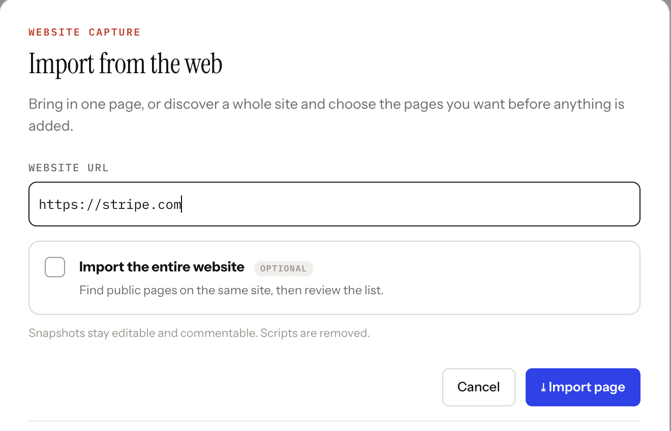 Doop's Import from the web dialog with a URL filled in and the Import page button ready